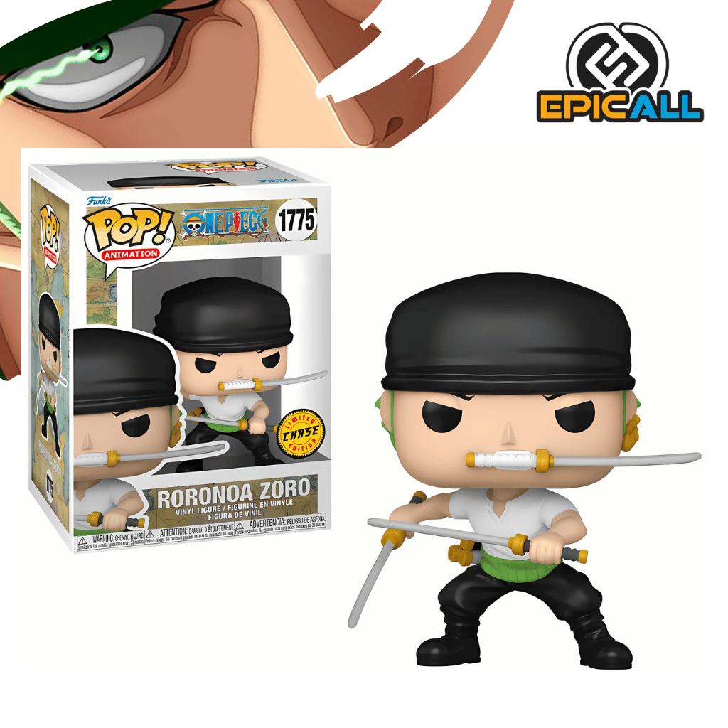 Un Funko POP de Roronoa Zoro version CHASE del anime One Piece. Zoro tiene el pelo verde, su gorro negro o y tres espadas. Lleva una camiseta blanca y pantalones negros. La figura tiene un diseño característico de Funko POP, con cabeza grande y ojos redondos.