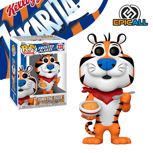 Un Funko POP de Tony the Tiger. La figura es un tigre antropomórfico naranja con rayas negras, una nariz rosada, y ojos grandes y redondos, característicos de los Funko POP. Viste un pañuelo rojo atado al cuello. Está de pie, con un brazo ligeramente levantado. La caja del Funko POP se ve detrás de la figura.