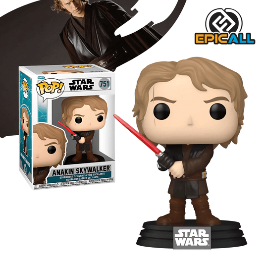 Un Funko POP de Anakin Skywalker. La figura tiene cabello oscuro y desordenado y viste una túnica Jedi de color marrón oscuro con botas y cinturón. Sostiene un sable de luz azul con la mano derecha. La figura tiene los ojos grandes y redondos, característicos de los Funko POP. La caja del Funko POP se ve detrás de la figura.