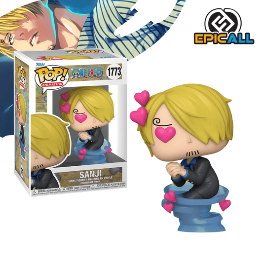 Un Funko POP de Sanji del anime One Piece. Sanji tiene el pelo rubio peinado hacia un lado, viste un traje oscuro y una camisa azul. Tiene corazones rosas alrededor de su cabeza y está en una pose con las manos juntas. La figura tiene un diseño característico de Funko POP, con cabeza grande y ojos de corazon.