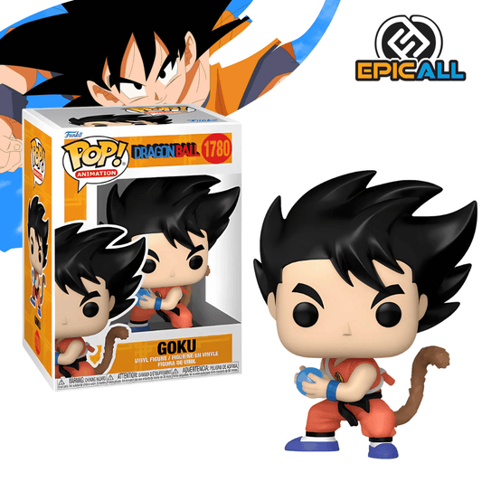 Un Funko POP de Goku del anime Dragon Ball. Goku tiene el pelo negro puntiagudo, un traje de entrenamiento naranja con una camiseta azul debajo y una banda azul alrededor de la cintura. Tiene una cola marrón y está sosteniendo una esfera azul de energía en sus manos que representa el kame-hame-ha. La figura tiene un diseño característico de Funko POP, con cabeza grande y ojos redondos.