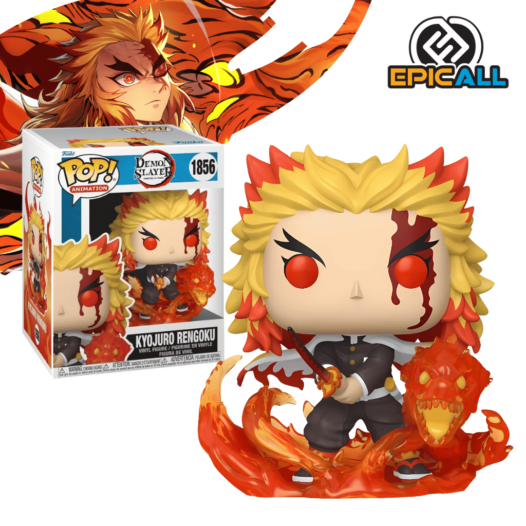 Figura Funko Pop! Premium Kyojuro Rengoku 9th Forma #1856 – Demon Slayer, atras se puede ver la caja original de la figura.
