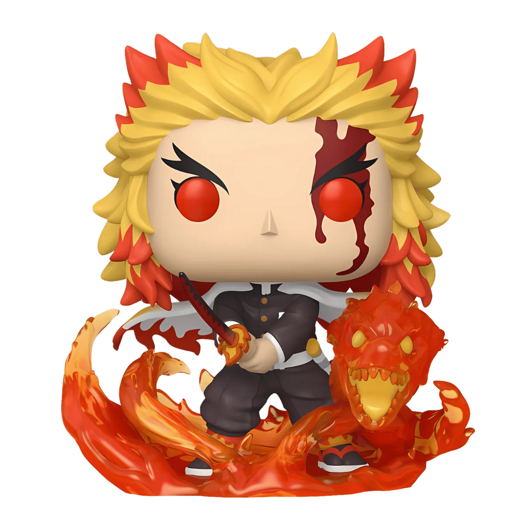 Figura Funko Pop! Premium Kyojuro Rengoku 9th Forma #1856 – Demon Slayer, con fondo blanco.