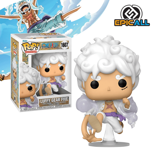 Un Funko POP de Luffy en su forma Gear Five del anime One Piece. Luffy tiene el pelo blanco y esponjoso, piel clara y una expresión alegre. Lleva un pantalón blanco arremangado, una faja morada y efectos de vapor blanco a su alrededor. La figura tiene un diseño característico de Funko POP, con cabeza grande y ojos redondos.