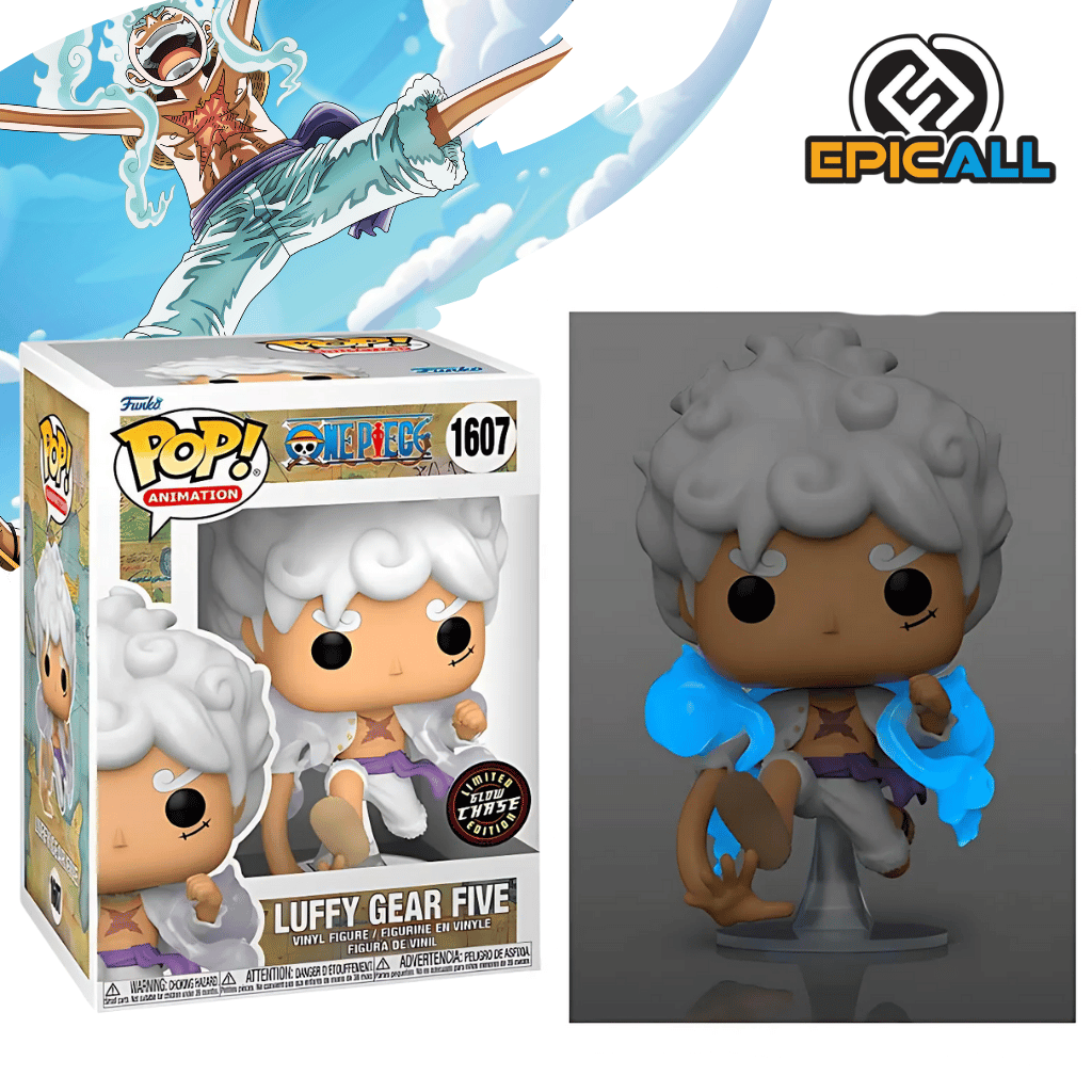 Un Funko POP de Luffy en su forma Gear Five version CHASE del anime One Piece. Luffy tiene el pelo blanco y esponjoso, piel clara y una expresión alegre. Lleva un pantalón blanco arremangado, una faja morada y efectos de vapor blanco a su alrededor. La figura tiene un diseño característico de Funko POP, con cabeza grande y ojos redondos. Esta edición brilla en la oscuridad