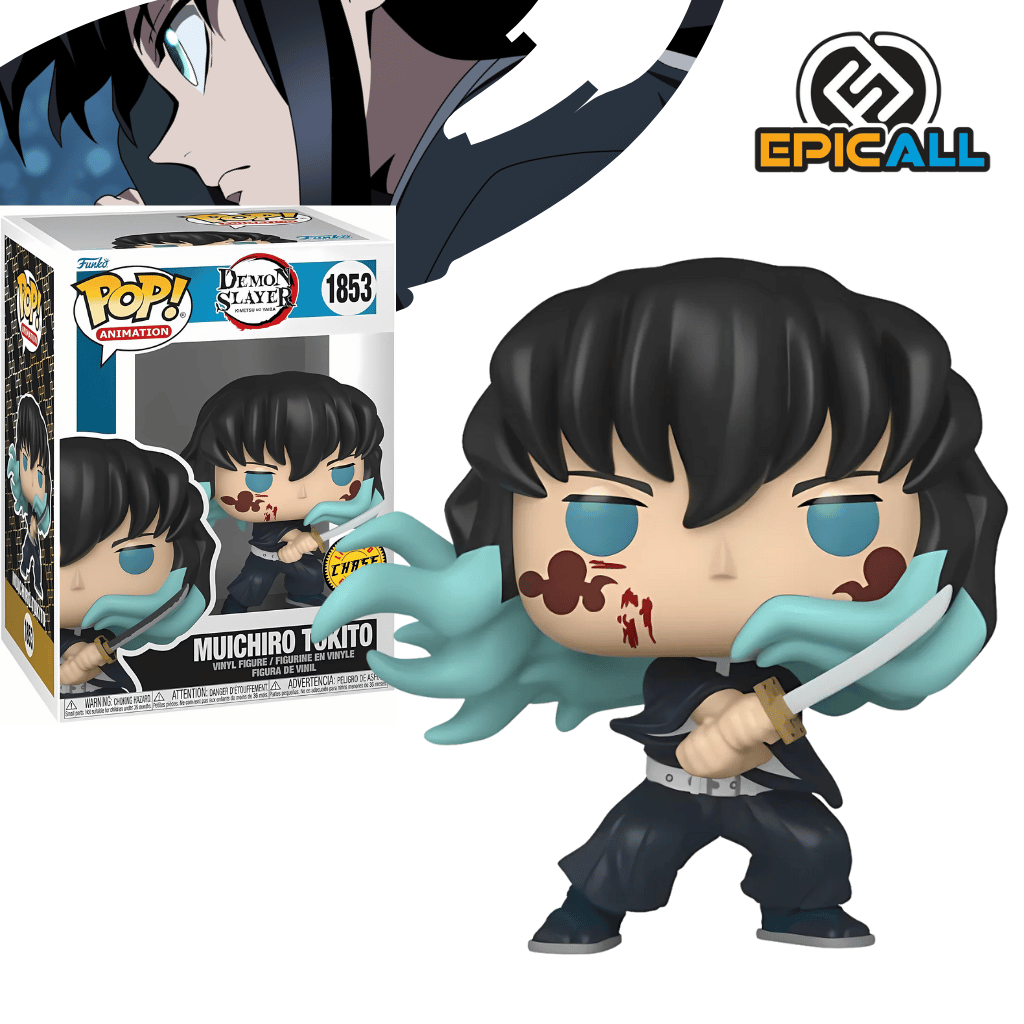 Un Funko POP de Muichiro Tokito de Demon Slayer version Chase. La figura tiene el pelo negro liso con las puntas de color verde turquesa, y sus ojos son de un azul brillante y profundo. Viste el uniforme oscuro de los Cazadores de Demonios con mangas sueltas de color verde turquesa que simulan el efecto de la niebla. Muichiro sostiene una espada nichirin con una guarda rectangular en una pose de ataque. La figura tiene los ojos grandes y redondos, característicos de los Funko POP.