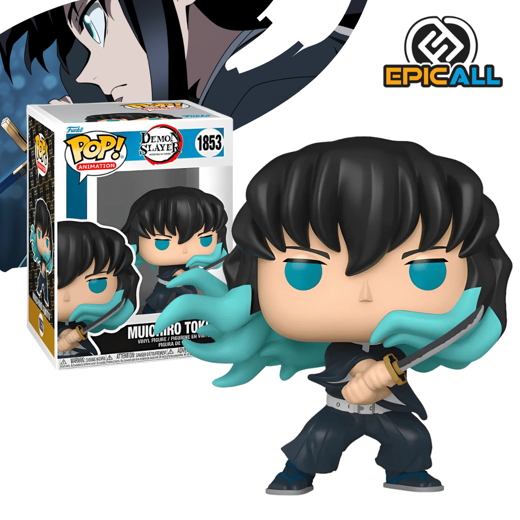 Un Funko POP de Muichiro Tokito de Demon Slayer. La figura tiene el pelo negro liso con las puntas de color verde turquesa, y sus ojos son de un azul brillante y profundo. Viste el uniforme oscuro de los Cazadores de Demonios con mangas sueltas de color verde turquesa que simulan el efecto de la niebla. Muichiro sostiene una espada nichirin con una guarda rectangular en una pose de ataque. La figura tiene los ojos grandes y redondos, característicos de los Funko POP. La caja del Funko POP se ve detrás de la