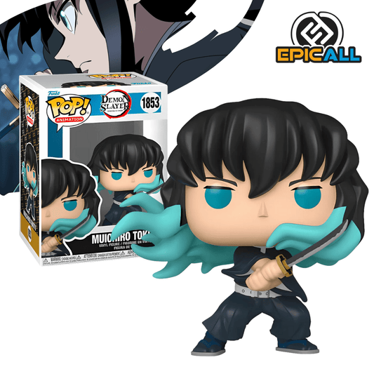 Un Funko POP de Muichiro Tokito de Demon Slayer. La figura tiene el pelo negro liso con las puntas de color verde turquesa, y sus ojos son de un azul brillante y profundo. Viste el uniforme oscuro de los Cazadores de Demonios con mangas sueltas de color verde turquesa que simulan el efecto de la niebla. Muichiro sostiene una espada nichirin con una guarda rectangular en una pose de ataque. La figura tiene los ojos grandes y redondos, característicos de los Funko POP. La caja del Funko POP se ve detrás de la