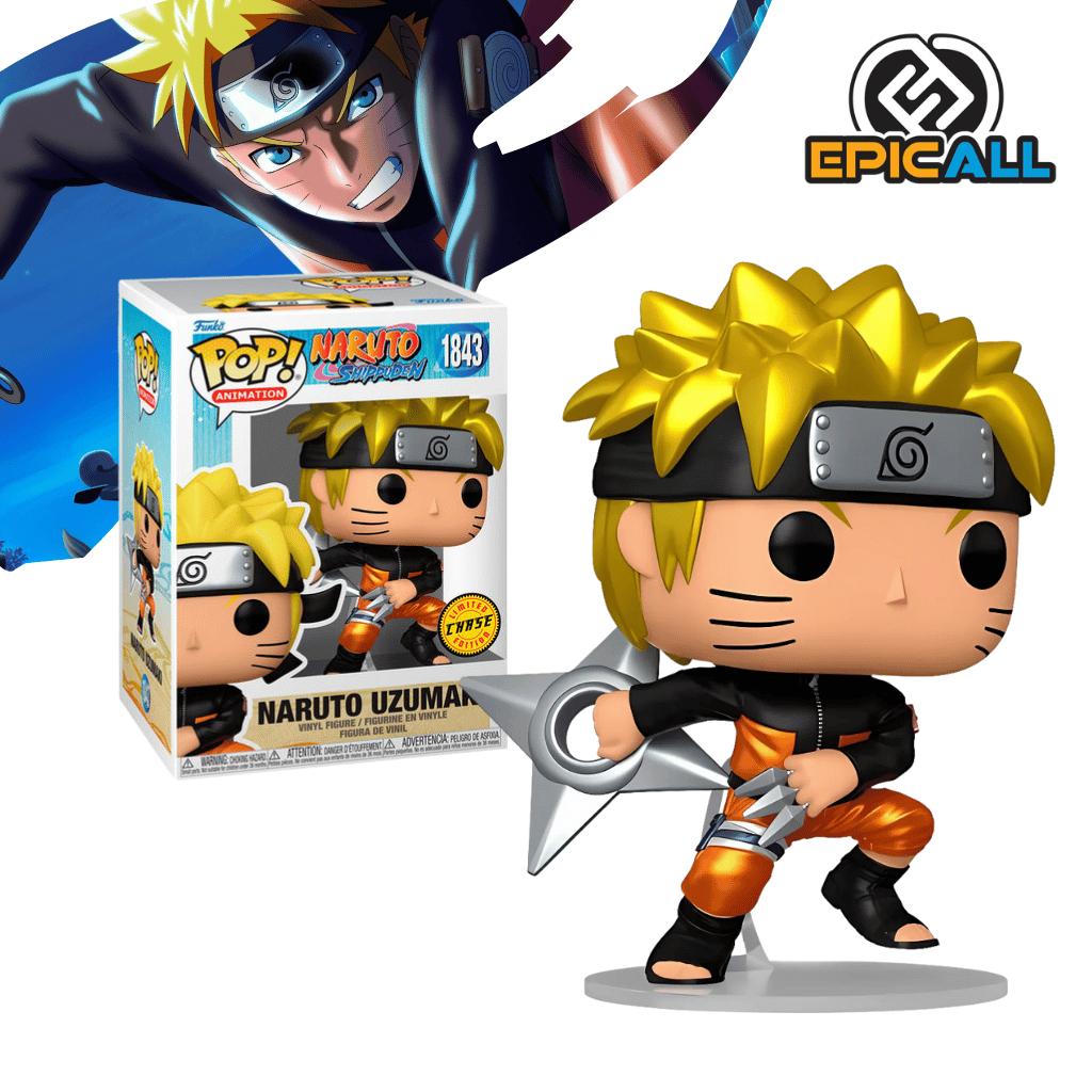 Un Funko POP de Naruto Uzumaki en su edición CHASE. La figura tiene el pelo rubio puntiagudo, una banda ninja en la frente con el símbolo de Konoha, y marcas de bigotes en las mejillas. Viste su chaqueta naranja y negra, y pantalones negros. La distinción de la versión CHASE es que lleva su banda ninja atada en la frente y está en una pose de acción, lanzando un shuriken gigante. La figura tiene los ojos grandes y redondos, característicos de los Funko POP. Colores Metalizados.