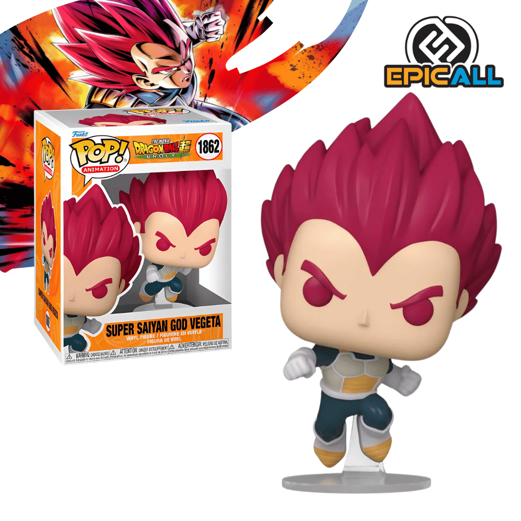 Un Funko POP de Vegeta en su forma Super Saiyan God. La figura tiene el pelo puntiagudo de color rojo intenso y cejas rojas, con una expresión seria y determinada. Viste su armadura de combate Saiyajin, de color gris y azul oscuro. La figura tiene los ojos grandes y redondos, característicos de los Funko POP. La caja del Funko POP se ve detrás de la figura.