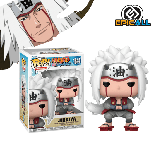 Un Funko POP de Jiraiya, un personaje de anime. La figura tiene el pelo largo y blanco atado en una cola de caballo, y un protector frontal con el símbolo del kanji de "Aceite". Viste un kimono verde, sandalias de madera y un gran rollo de invocación rojo atado a su espalda. Tiene los ojos grandes y redondos, característicos de los Funko POP. La caja del Funko POP se ve detrás de la figura.