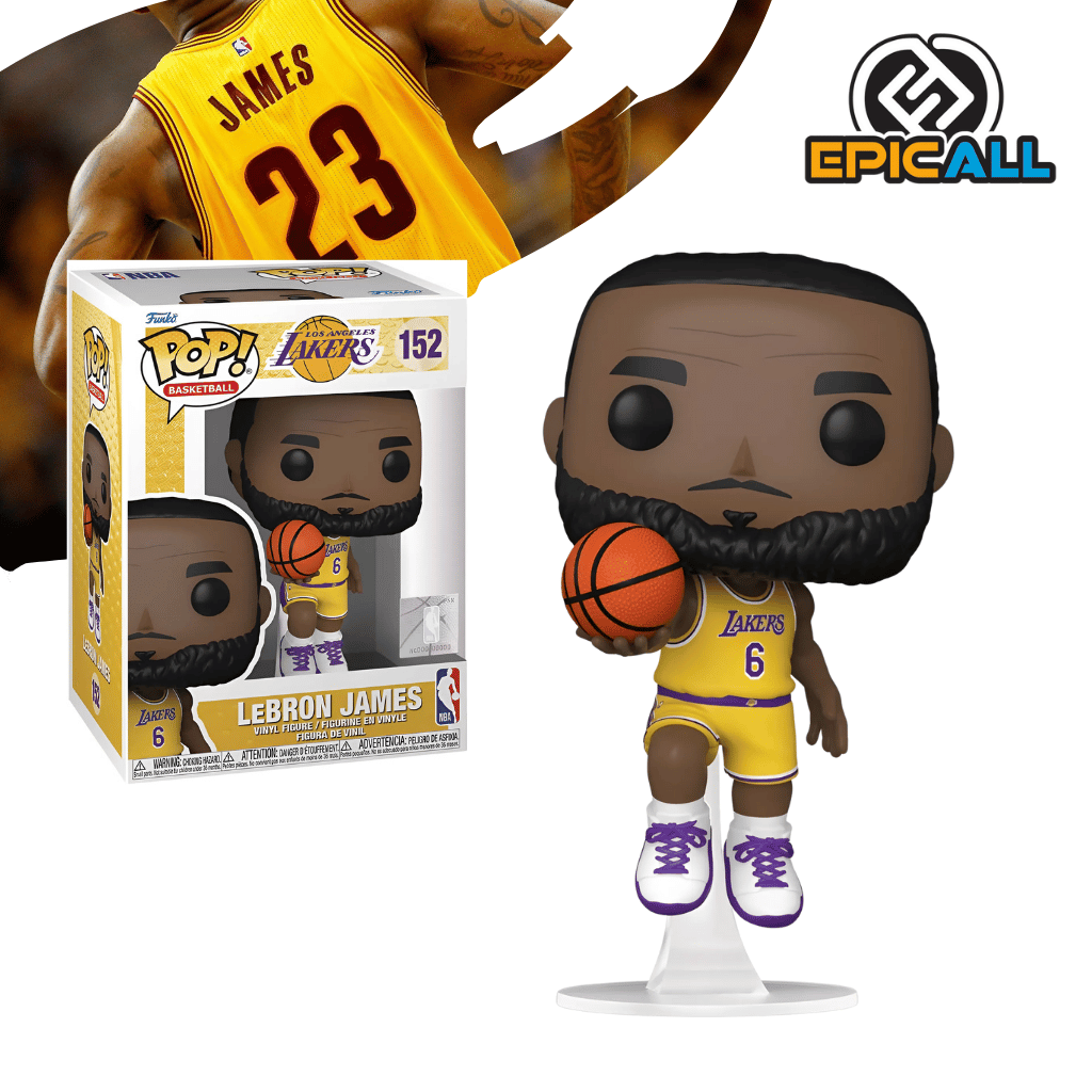 Un Funko POP de LeBron James. La figura viste el uniforme amarillo y púrpura de Los Angeles Lakers con el número 152 en blanco. Tiene barba y cabello oscuro, ojos grandes y negros característicos de Funko POP, y está en una pose de baloncesto, sosteniendo una pelota. La caja del Funko POP se ve detrás de la figura.