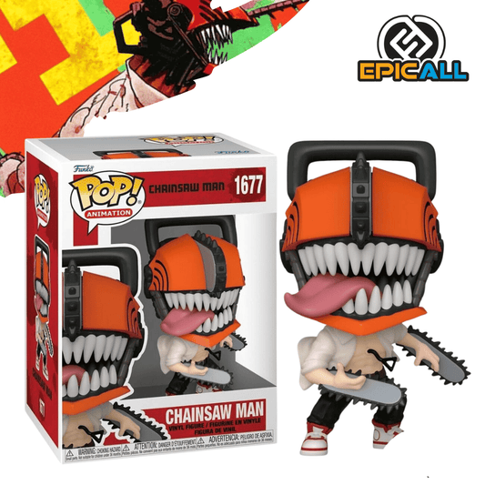 Una figura de vinilo de Chainsaw Man, el protagonista del anime Chainsaw Man. Chainsaw Man está representado con una cabeza de motosierra, un cuerpo humano y una expresión feroz. Está de pie sobre una base.