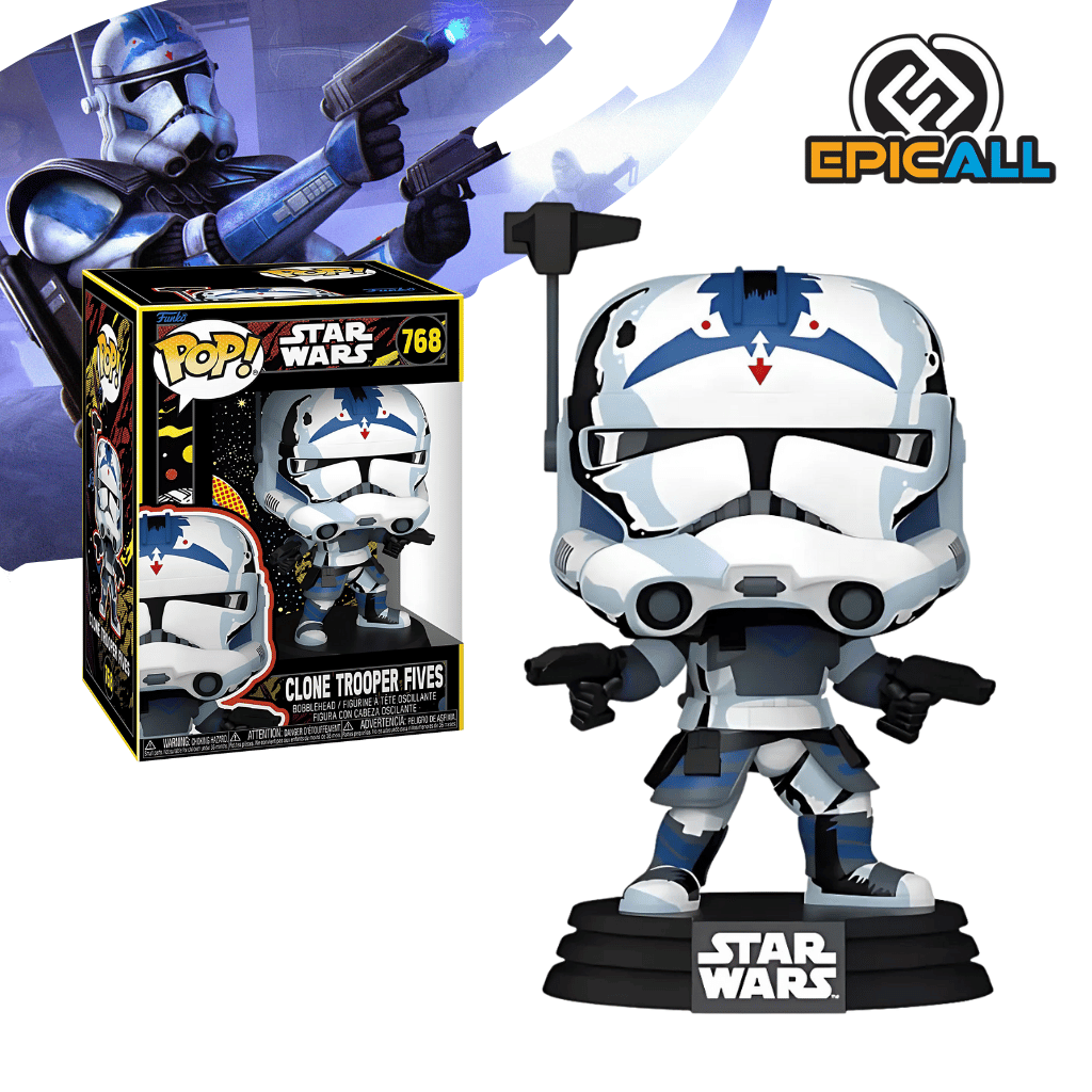 Un Funko POP de Clone Trooper Fives. La figura viste la armadura blanca y azul de un Clone Trooper, con marcas distintivas en el casco y el cuerpo. Tiene un visor negro en el casco y una pose de combate. La figura tiene los ojos grandes y redondos, característicos de los Funko POP. La caja del Funko POP se ve detrás de la figura.