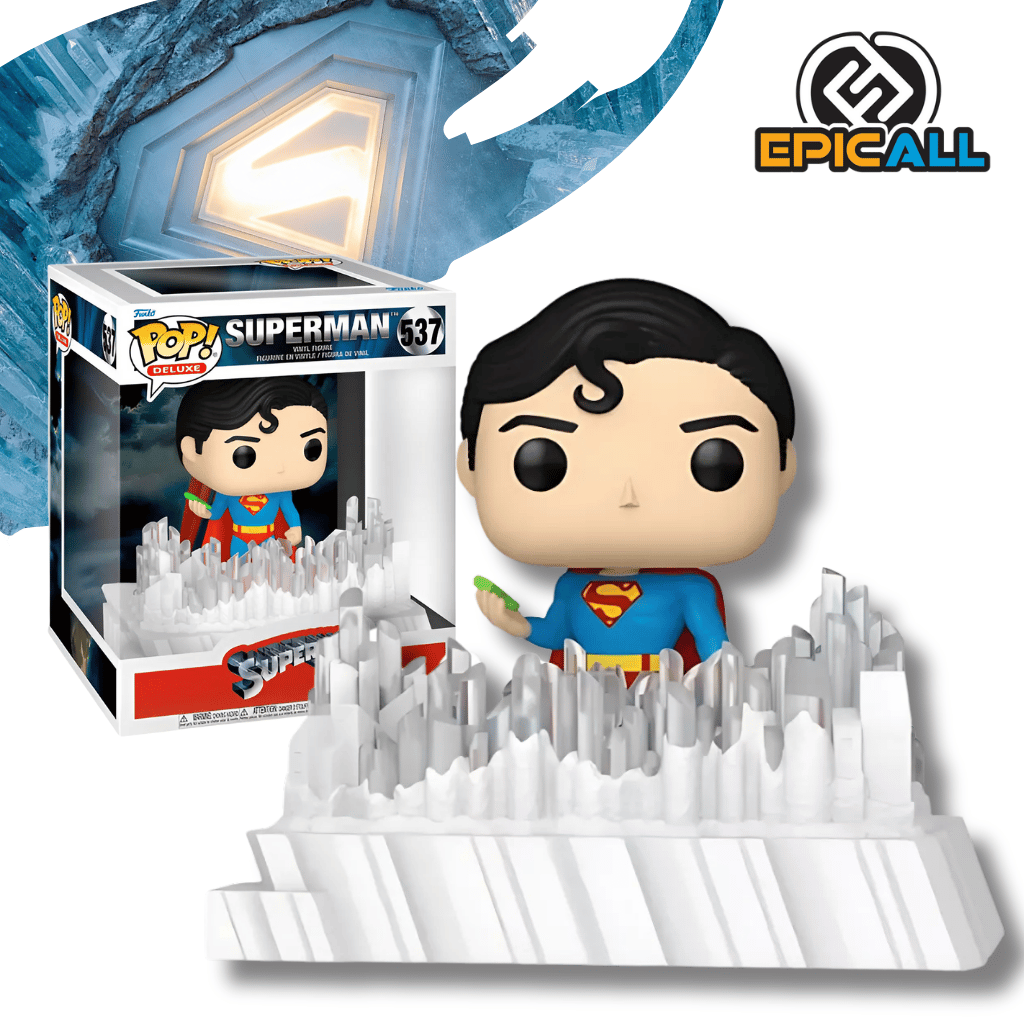 Figura Funko Pop! Deluxe Superman #537 de la película de 1978, detras se ve la caja original de la figura.