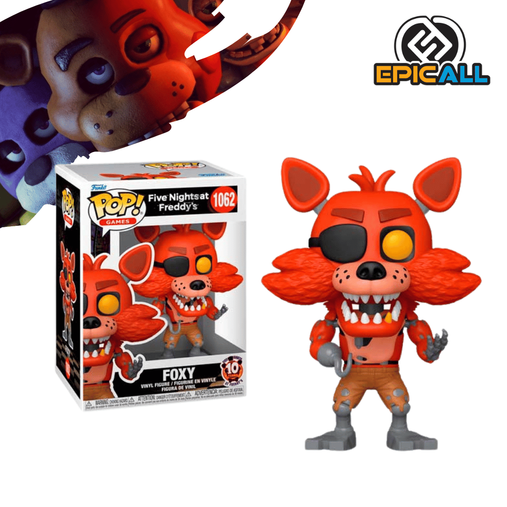 Un Funko POP de Foxy, el zorro animatrónico rojo. La figura es de color rojo descolorido, con un hocico marrón claro, un parche negro sobre el ojo derecho, un ojo amarillo expuesto en el izquierdo y una boca abierta con dientes afilados. Lleva un garfio metálico en su mano derecha y tiene el abdomen expuesto. La figura tiene los ojos grandes y redondos, característicos de los Funko POP. La caja del Funko POP se ve detrás de la figura.