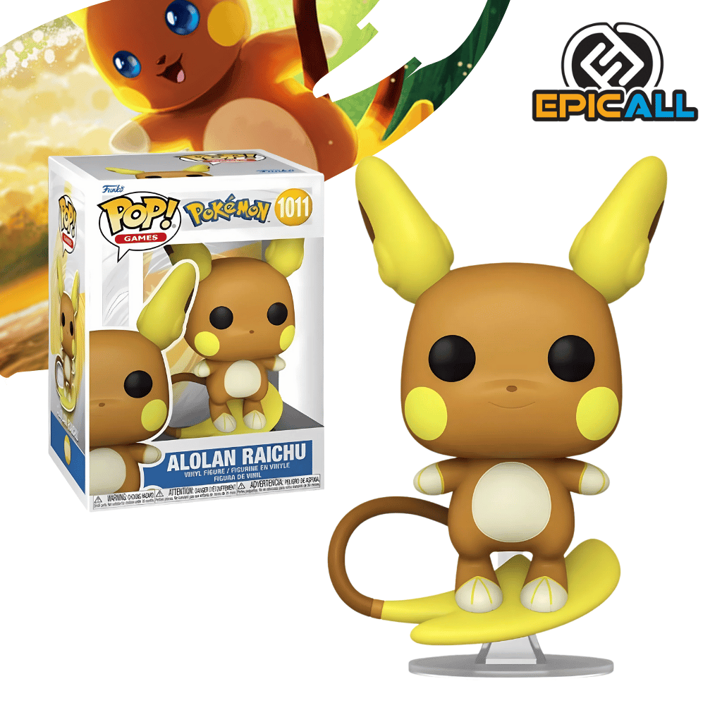 Un Funko POP de Alolan Raichu. La figura es de color marrón claro, con el vientre blanco, orejas grandes, y una cola larga y rizada que usa como tabla de surf. Tiene grandes ojos negros, característicos de los Funko POP. La caja del Funko POP se ve detrás de la figura.