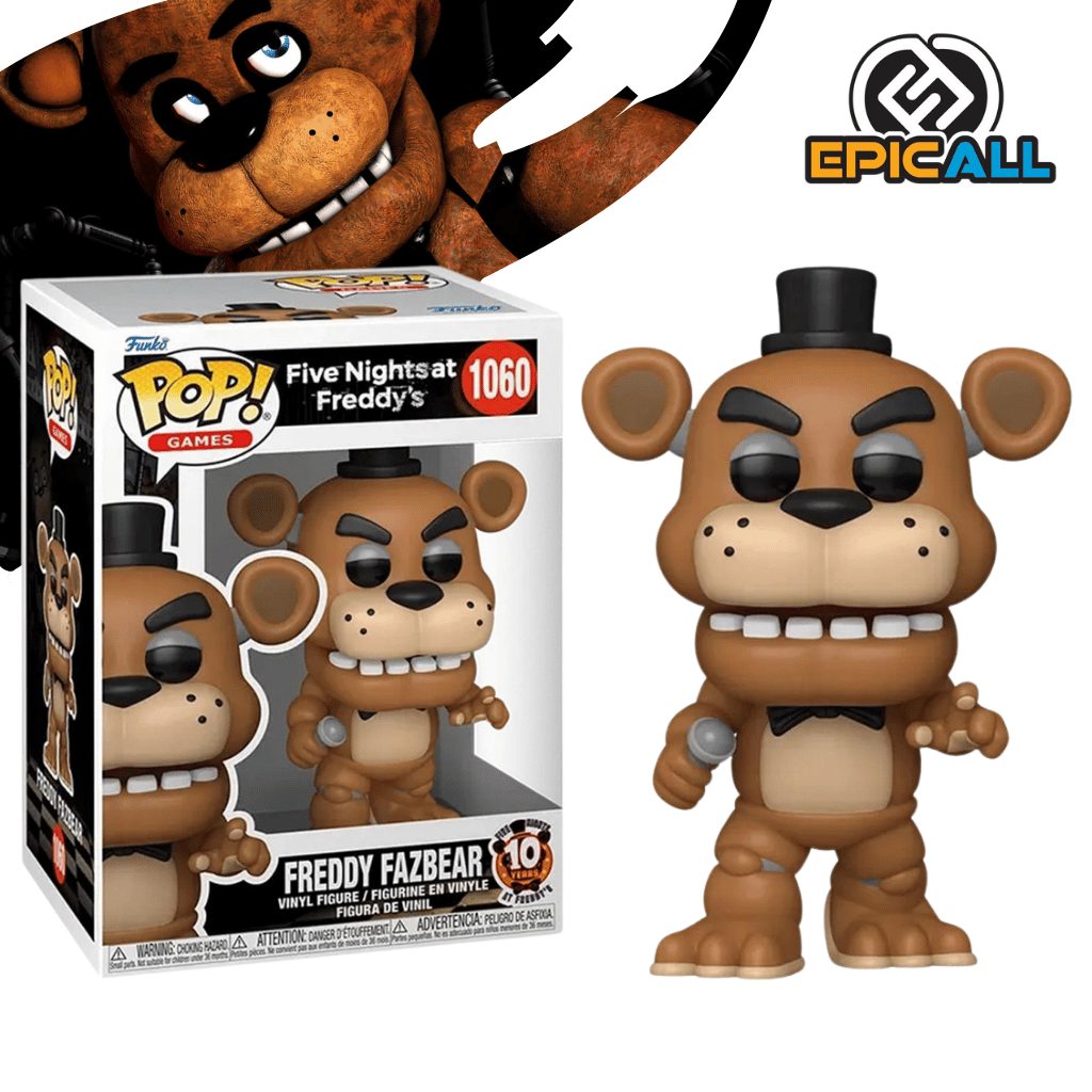 Un Funko POP de Freddy Fazbear del videojuego Five Nights at Freddy's. Freddy es un oso animatrónico marrón con ojos negros, un sombrero de copa negro y una pajarita negra. Sostiene un micrófono plateado en su mano derecha. La figura tiene un diseño característico de Funko POP, con cabeza grande y ojos redondos.
