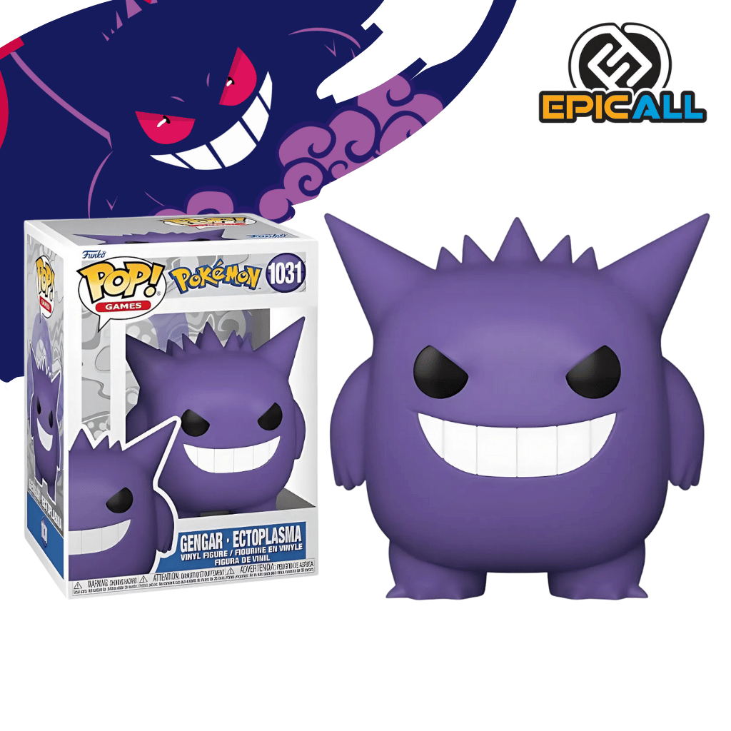 Un Funko POP de Gengar del videojuego Pokémon. Gengar es de color morado oscuro con ojos rojos y una gran sonrisa con dientes puntiagudos. Tiene púas en la cabeza y orejas puntiagudas. La figura tiene un diseño característico de Funko POP, con cabeza grande y ojos redondos.