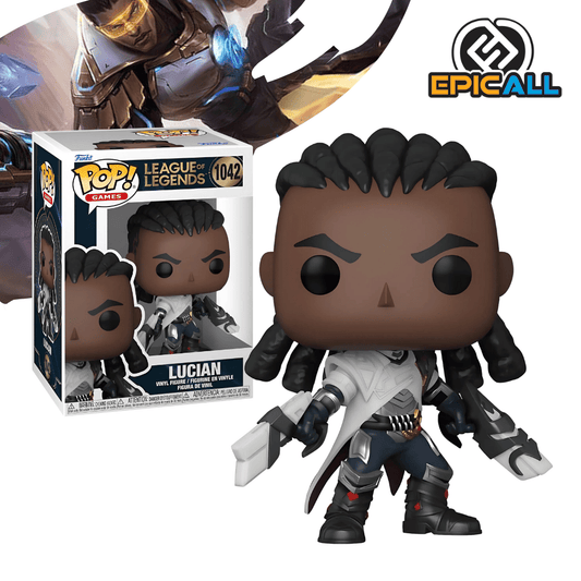Un Funko POP de Lucian de League of Legends. La figura tiene la piel oscura, cabello con rastas y lleva una armadura futurista de color gris oscuro y dorado. Sostiene una pistola en cada mano, con efectos de luz azul en las puntas de las pistolas. La figura tiene los ojos grandes y redondos, característicos de los Funko POP. La caja del Funko POP se ve detrás de la figura.
