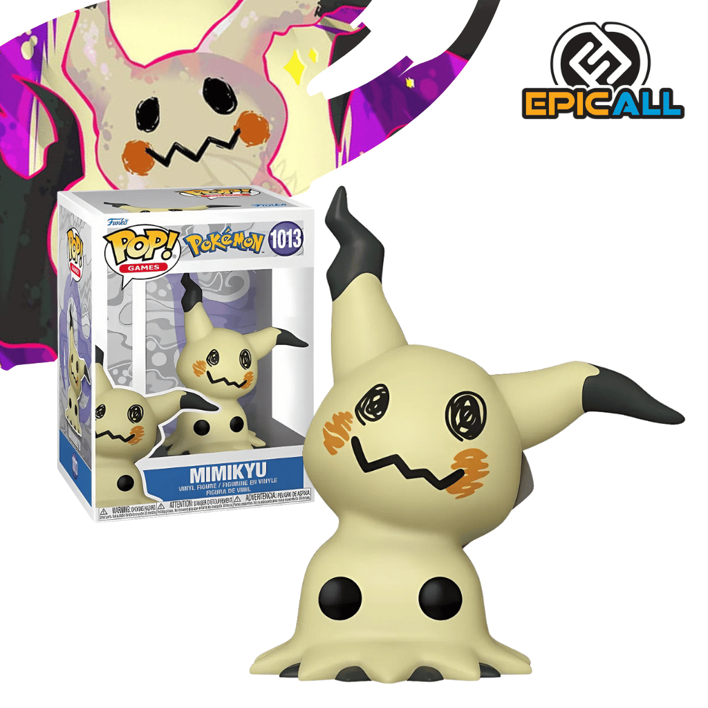 Un Funko POP de Mimikyu del videojuego Pokémon. Mimikyu está cubierto por un disfraz de tela de color crema con ojos y boca dibujados en negro y mejillas naranjas. Tiene una cabeza puntiaguda oscura asomando por la parte superior y una cola negra. La figura tiene un diseño característico de Funko POP, con cabeza grande y ojos redondos.