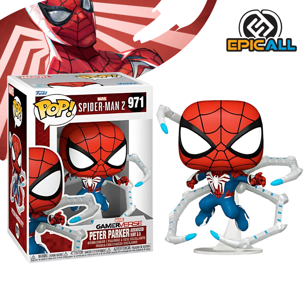 Un Funko POP de Peter Parker con el traje Advanced Suit 2.0 del videojuego Spiderman 2. El traje es principalmente rojo y azul con detalles blancos y un logo de araña blanco en el pecho y la espalda. La figura también presenta cuatro brazos mecánicos blancos con detalles azules que se extienden desde su espalda. La figura tiene un diseño característico de Funko POP, con cabeza grande y ojos redondos.