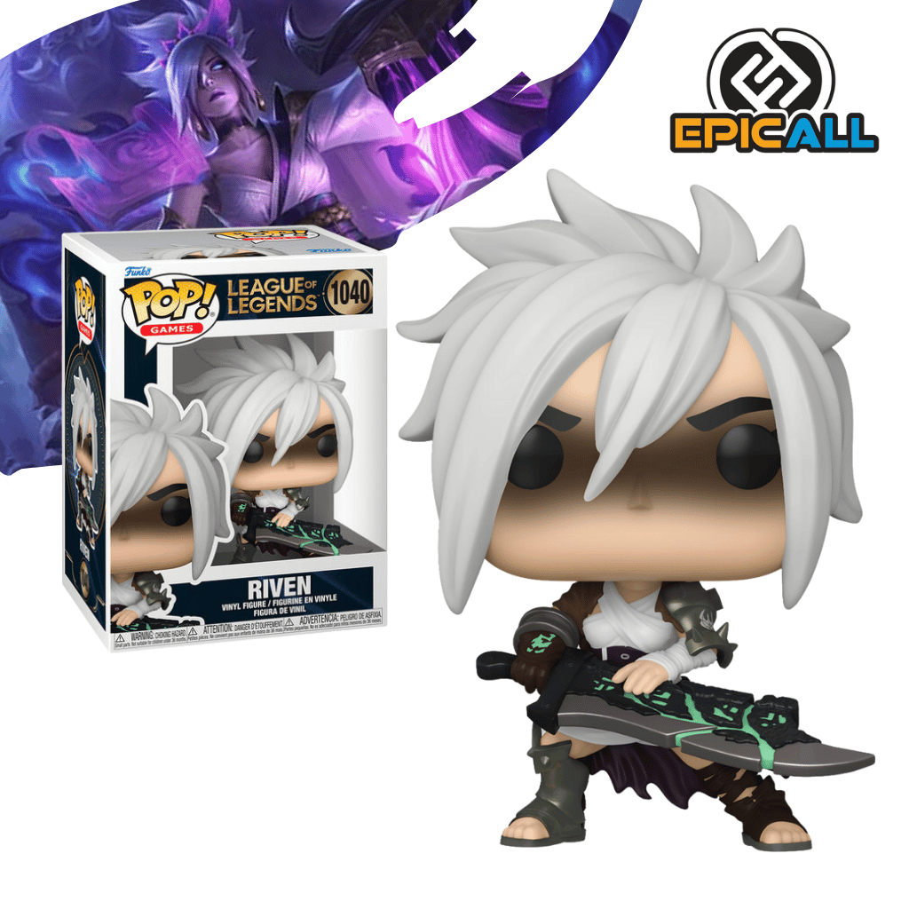 Un Funko POP de Riven de League of Legends. La figura tiene el pelo corto y blanco, y viste una armadura de color verde oscuro con detalles dorados y una capa roja. Sostiene una gran espada rúnica fragmentada en su mano derecha. La figura tiene los ojos grandes y redondos, característicos de los Funko POP. La caja del Funko POP se ve detrás de la figura.