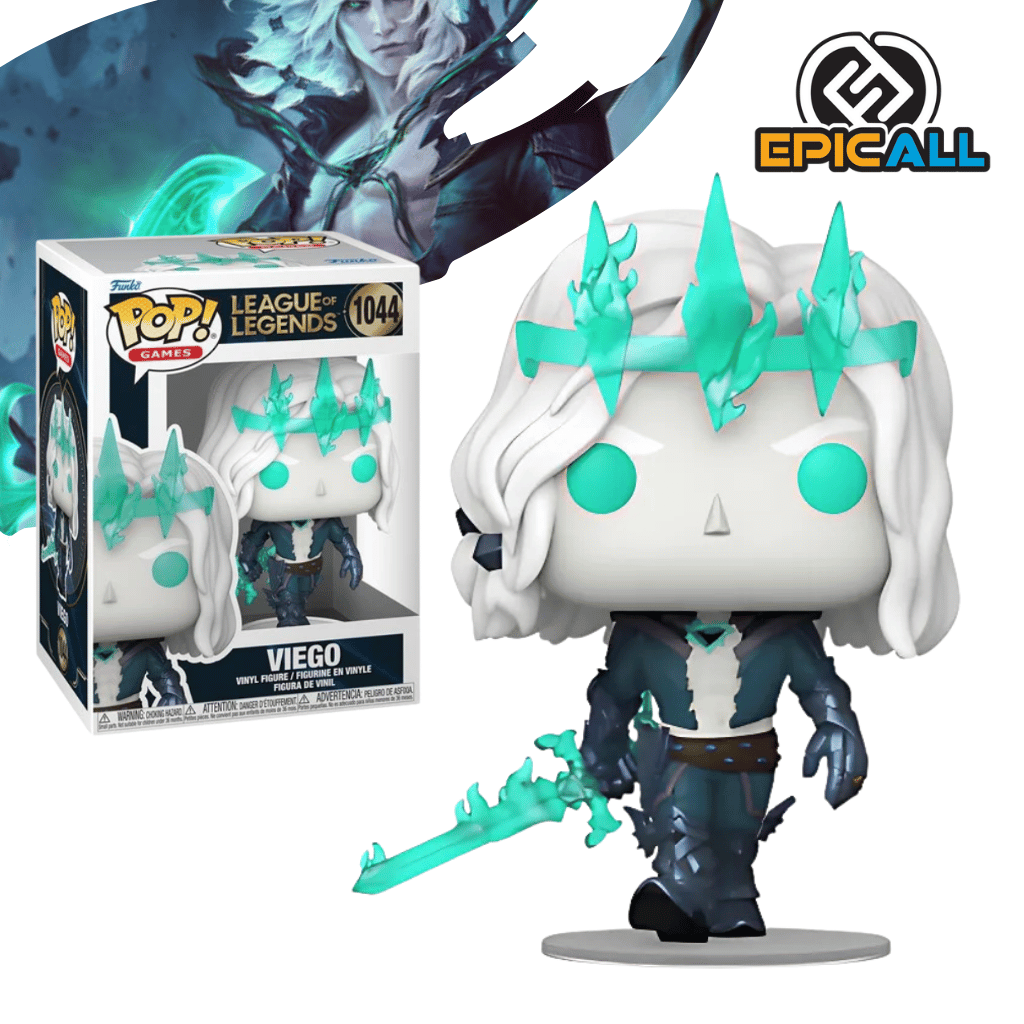 Un Funko POP de Viego de League of Legends. La figura tiene una corona dorada, cabello largo y plateado que fluye, y una armadura con detalles que simulan grietas y energía espectral verdosa. Sostiene una gran espada con una hoja brillante y detalles ornamentados. La figura tiene los ojos grandes y redondos, característicos de los Funko POP. La caja del Funko POP se ve detrás de la figura.