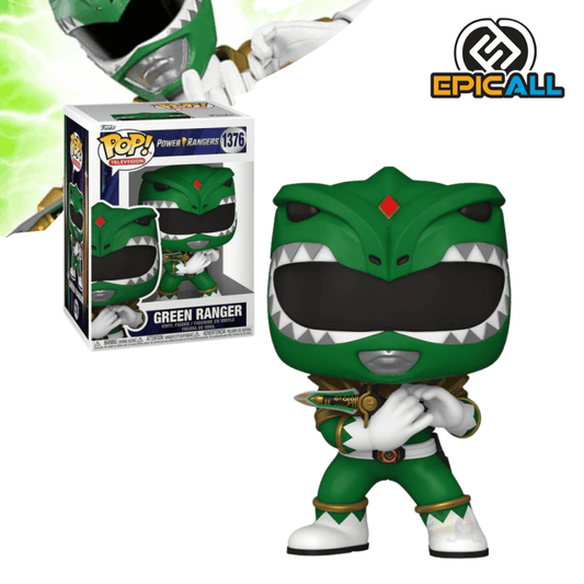 Una figura de vinilo del Ranger Verde, un personaje de la serie Power Rangers. El Ranger Verde está representado con su traje verde y negro característico, con un casco y una pose de combate. La figura está colocada sobre una base.