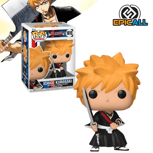 Una figura de vinilo de Ichigo Kurosaki, el protagonista del anime Bleach. Ichigo está representado con su cabello naranja, un traje de shinigami negro y su Zanpaku-tō desenvainada. Tiene una expresión determinada y está en una pose de combate. La figura está colocada sobre una base.