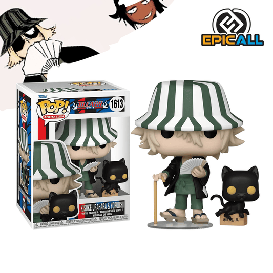 Una figura de vinilo de Kisuke Urahara, un personaje del anime Bleach. Kisuke Urahara está representado con su característico sombrero de paja y un bastón, junto a Yoruichi Shihouin en su forma de gato negro. Ambos están sobre una base.