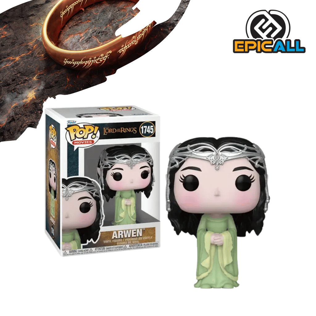 Un Funko POP de Arwen de El Señor de los Anillos. La figura tiene el pelo largo y oscuro, y viste un vestido azul oscuro con mangas largas y detalles plateados. Sostiene una espada en su mano derecha. La figura tiene los ojos grandes y redondos, característicos de los Funko POP. La caja del Funko POP se ve detrás de la figura.