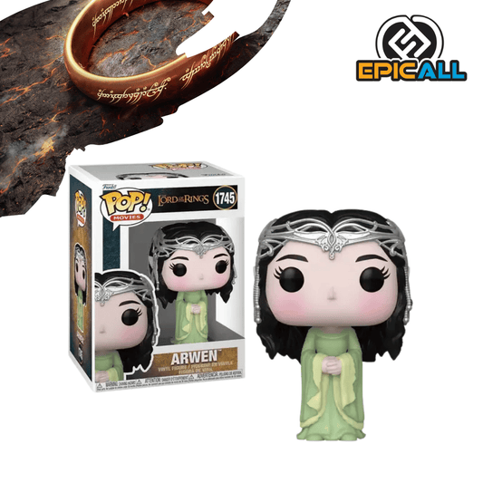 Un Funko POP de Arwen de El Señor de los Anillos. La figura tiene el pelo largo y oscuro, y viste un vestido azul oscuro con mangas largas y detalles plateados. Sostiene una espada en su mano derecha. La figura tiene los ojos grandes y redondos, característicos de los Funko POP. La caja del Funko POP se ve detrás de la figura.
