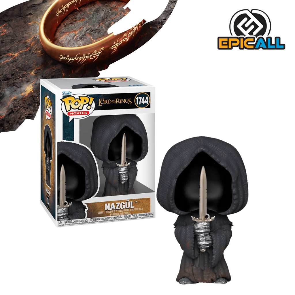 Un Funko POP del Nazgûl de El Señor de los Anillos. La figura está completamente cubierta por una túnica negra con capucha, que oculta su rostro. Sostiene una espada plateada con la punta hacia abajo en su mano derecha. La figura tiene los ojos grandes y redondos, característicos de los Funko POP, aunque en este caso son una sombra oscura bajo la capucha. La caja del Funko POP se ve detrás de la figura.