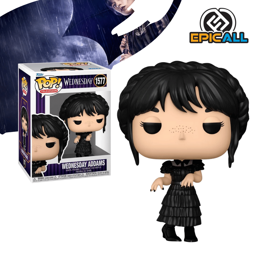Funko Pop de Merlina Addams haciendo el Rave’n Dance, inspirada en la Serie Wednesday de Netflix, con su empaque.