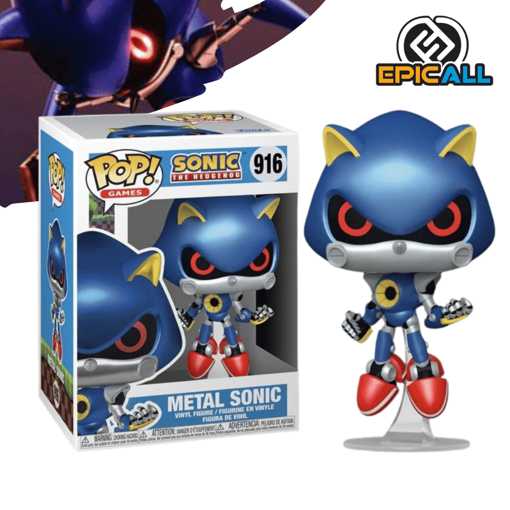 Una figura de vinilo de Metal Sonic, el archienemigo de Sonic the Hedgehog. Metal Sonic es un robot de color azul y gris con una forma aerodinámica. Tiene ojos rojos brillantes y una expresión amenazante. La figura está colocada sobre una base.