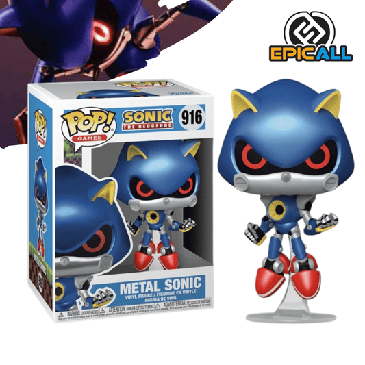 Una figura de vinilo de Metal Sonic, el archienemigo de Sonic the Hedgehog. Metal Sonic es un robot de color azul y gris con una forma aerodinámica. Tiene ojos rojos brillantes y una expresión amenazante. La figura está colocada sobre una base.