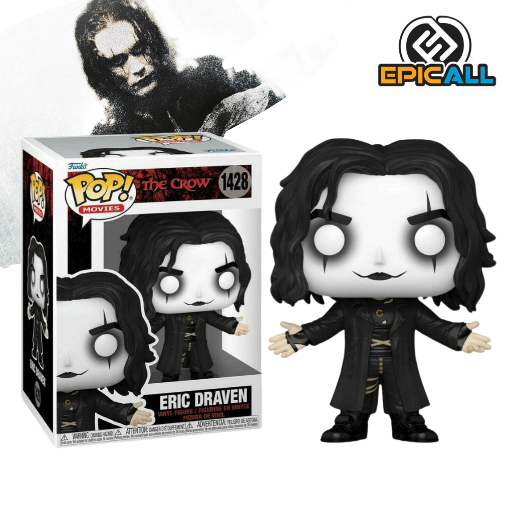 Una figura de vinilo de Eric Draven, el protagonista de la película El Cuervo. Eric Draven está representado con su característico maquillaje blanco en el rostro, cabello negro y traje negro. Tiene una expresión seria y está de pie sobre una base.