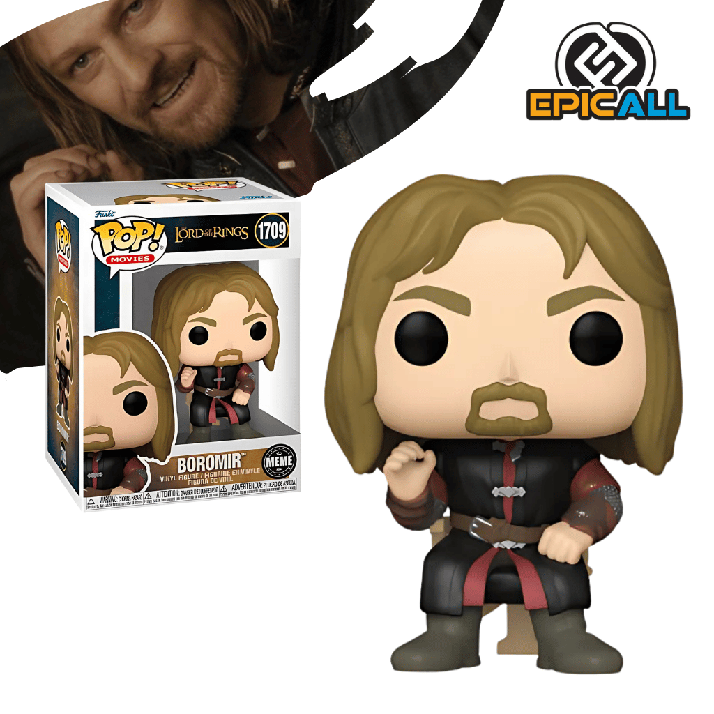 Un Funko POP de Boromir de El Señor de los Anillos. La figura viste una armadura de cuero con un cuerno colgando del hombro y tiene el pelo corto y castaño oscuro. Sostiene una espada en una mano y un escudo redondo en la otra. Tiene los ojos grandes y redondos, característicos de los Funko POP. La caja del Funko POP se ve detrás de la figura.