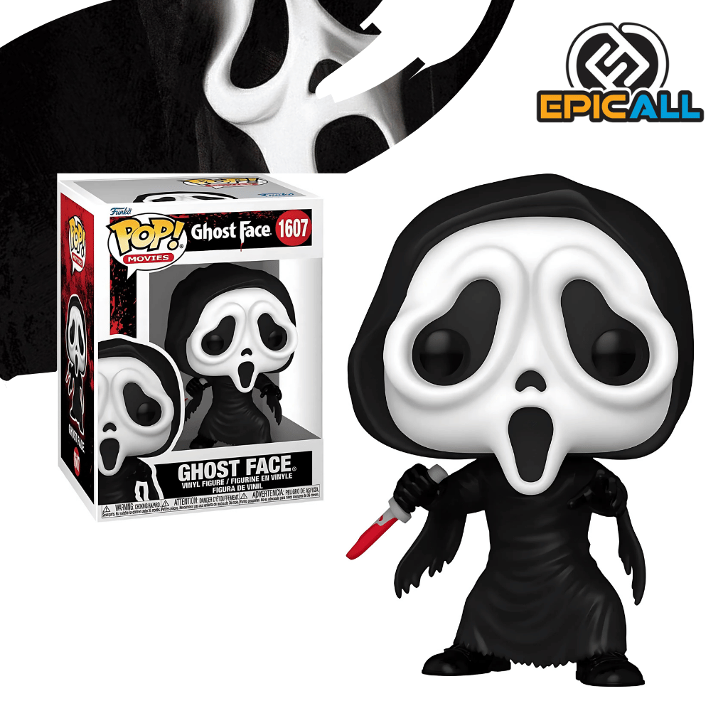 Un Funko POP de Ghost Face, el personaje asesino de las películas de Scream. La figura viste una túnica negra con capucha y tiene una máscara blanca alargada con ojos negros y una boca distorsionada, característica de Ghost Face. La figura está de pie. La caja del Funko POP se ve detrás de la figura.