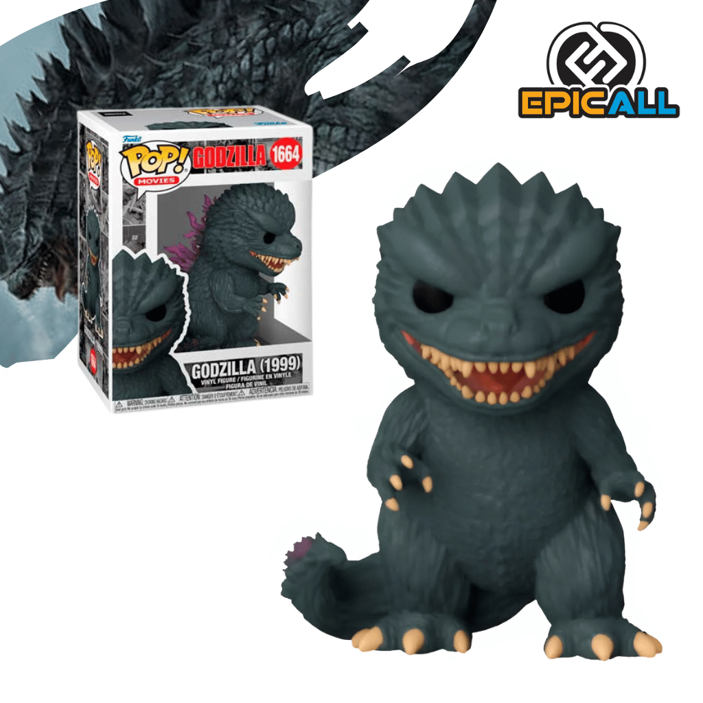 Un Funko POP de Godzilla de la película de 1999. La figura es de color gris oscuro con púas dorsales moradas y una boca abierta que muestra dientes afilados y una lengua. Está en una pose agachada, con sus garras delanteras en el suelo. La figura tiene los ojos grandes y redondos, característicos de los Funko POP. La caja del Funko POP se ve detrás de la figura.