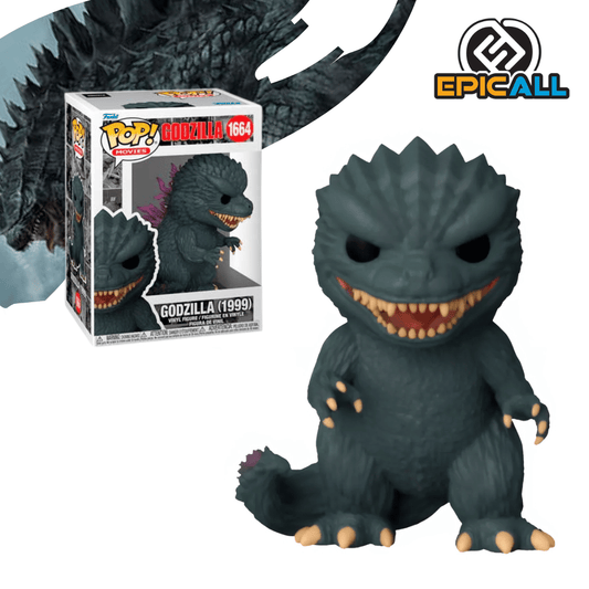 Un Funko POP de Godzilla de la película de 1999. La figura es de color gris oscuro con púas dorsales moradas y una boca abierta que muestra dientes afilados y una lengua. Está en una pose agachada, con sus garras delanteras en el suelo. La figura tiene los ojos grandes y redondos, característicos de los Funko POP. La caja del Funko POP se ve detrás de la figura.