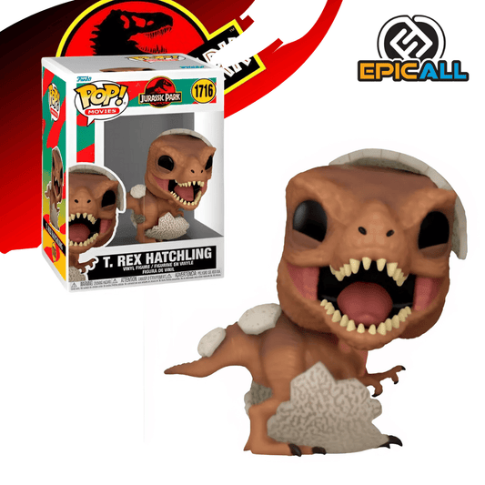 Un Funko POP de un bebé T.Rex emergiendo de un cascarón de huevo. El dinosaurio es de color marrón claro, con pequeños dientes afilados y una cabeza grande. Parte del cascarón de huevo blanco y texturizado cubre su espalda y se rompe alrededor de sus patas traseras. La figura tiene los ojos grandes y redondos, característicos de los Funko POP. La caja del Funko POP se ve detrás de la figura.