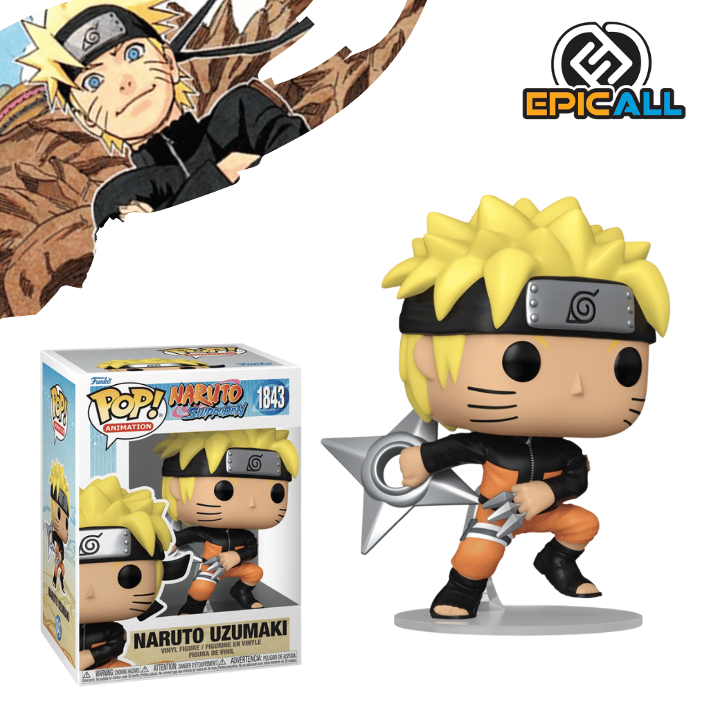 Un Funko POP de Naruto Uzumaki. La figura tiene el pelo rubio puntiagudo, una banda ninja negra con el símbolo de Konoha en la frente, y marcas de bigotes en las mejillas. Viste su chaqueta naranja y negra, y pantalones negros. Tiene los ojos grandes y redondos, característicos de los Funko POP. La caja del Funko POP se ve detrás de la figura.