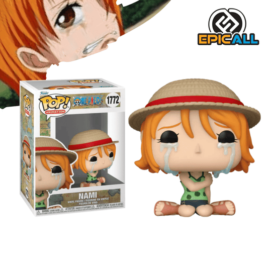 Una figura de vinilo de Nami, un personaje del anime One Piece. Nami está representada con su sombrero de paja, un vestido naranja y azul, y lágrimas en los ojos. Tiene una expresión de tristeza y está sentada con las piernas cruzadas.