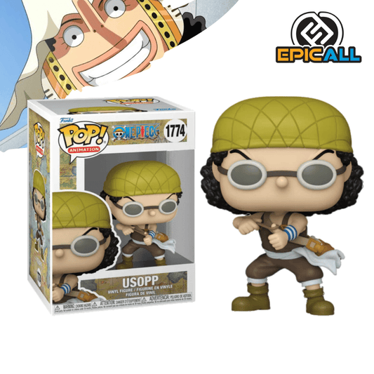 Una figura de vinilo de Usopp, un personaje del anime One Piece. Usopp está representado con su sombrero de paja, una honda en la mano y una expresión determinada. Tiene un atuendo de color marrón y verde. La figura está de pie sobre una base.
