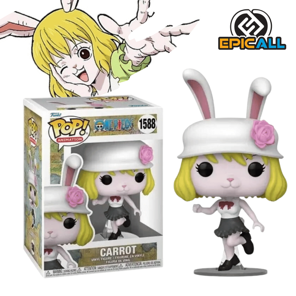 Una figura de vinilo de Carrot, un personaje del anime One Piece. Carrot es una minina con orejas largas y un sombrero de paja. Está representada con una sonrisa y en una pose dinámica, como si estuviera corriendo. La figura está colocada sobre una base.