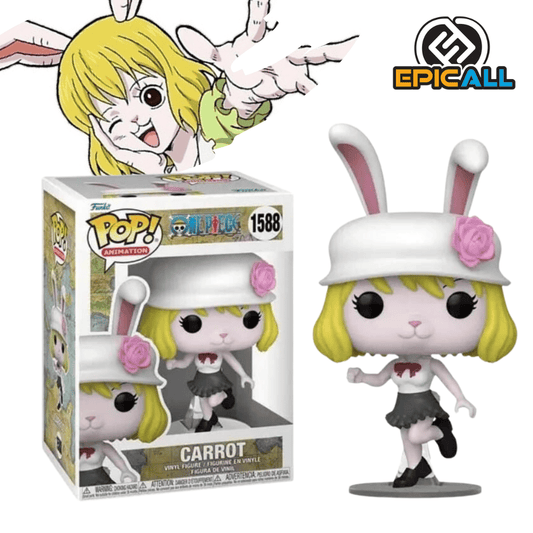 Una figura de vinilo de Carrot, un personaje del anime One Piece. Carrot es una minina con orejas largas y un sombrero de paja. Está representada con una sonrisa y en una pose dinámica, como si estuviera corriendo. La figura está colocada sobre una base.