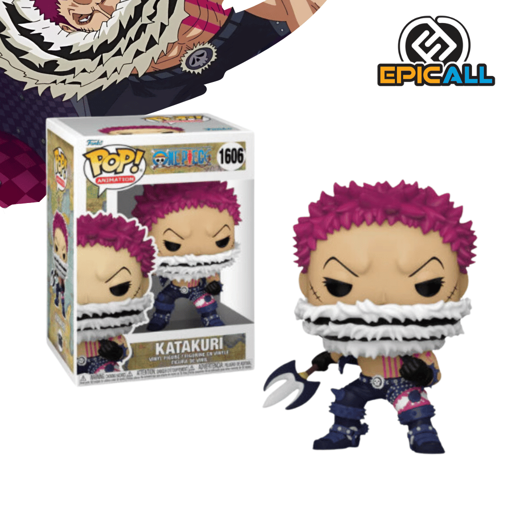 Una figura de vinilo de Charlotte Katakuri, un personaje del anime One Piece. Katakuri está representado con su cabello rosa, una cicatriz en la mejilla y un tridente en la mano. Tiene una expresión seria y está listo para el combate. La figura está colocada sobre una base.