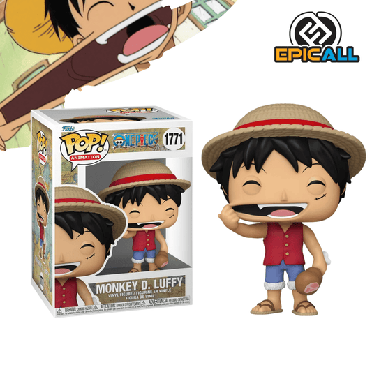 Una figura de vinilo de Monkey D. Luffy, el protagonista de One Piece. Luffy está representado con su característico sombrero de paja y un gran trozo de carne en la boca. Tiene una expresión alegre y está de pie sobre una base.